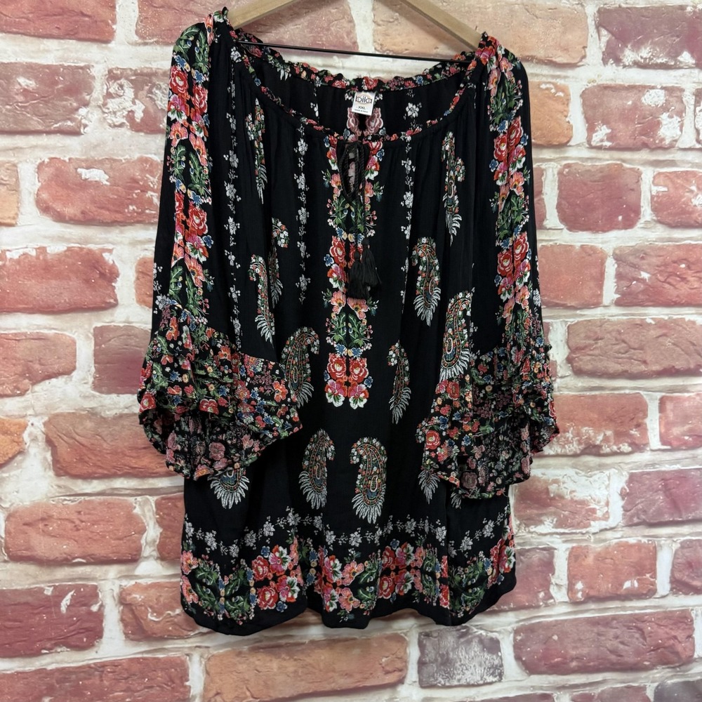 Bila Tunic Top Women's XXL Black Multicolor Boho Floral Crinkle Casual Shirt - Picture 2 of 9